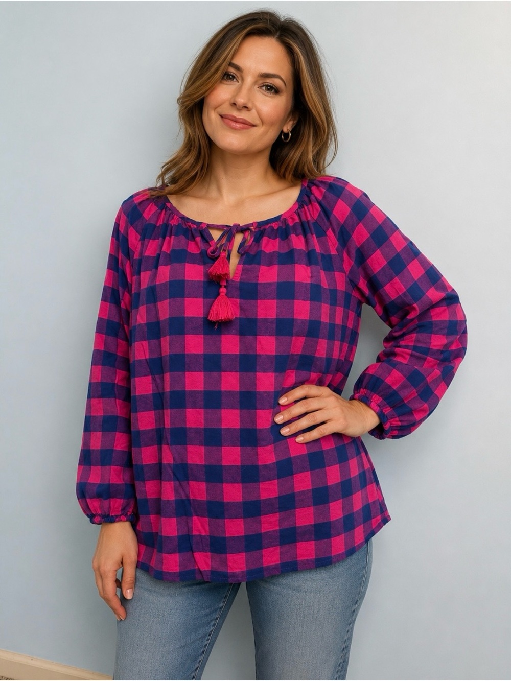 Vineyard‎ Vines Women’s Flannel  Pink/blue Plaid Blouse Tunic Size L